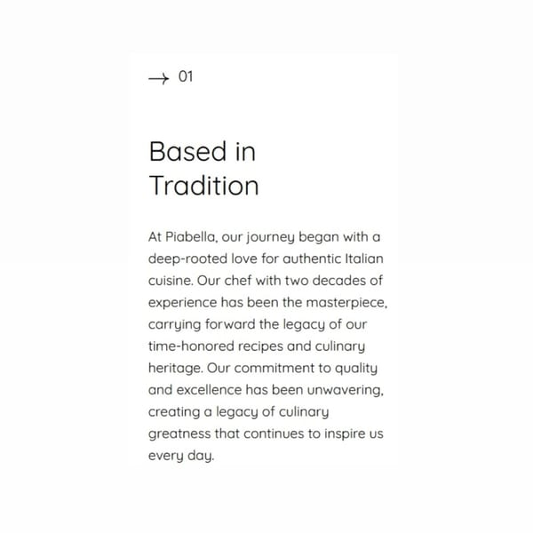 Text on a white background describing Piabella's tradition in authentic Italian cuisine and culinary heritage.