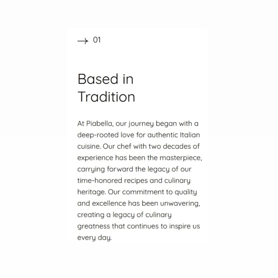 Text on a white background describing Piabella's tradition in authentic Italian cuisine and culinary heritage.