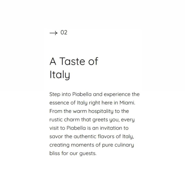 Text on a white background reads "A Taste of Italy" with a description of Piabella restaurant.