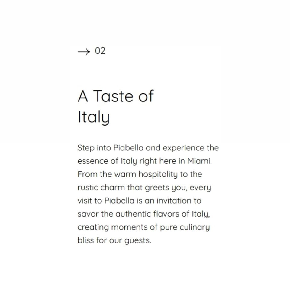 Text on a white background reads "A Taste of Italy" with a description of Piabella restaurant.