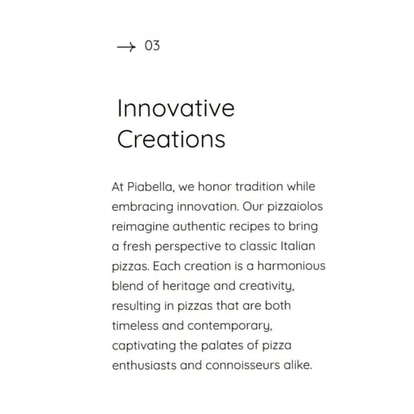 Text on a white background describes Piabella's innovative pizza creations, blending tradition with fresh perspectives.
