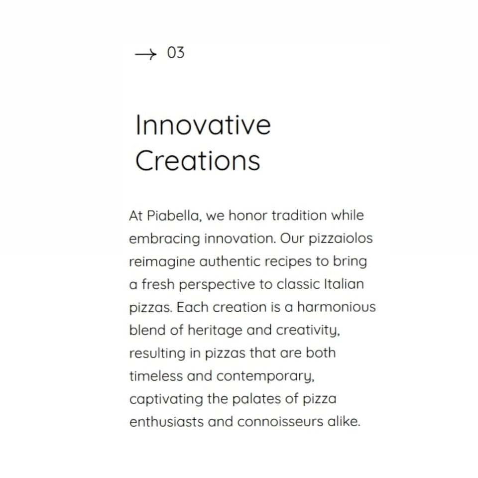 Text on a white background describes Piabella's innovative pizza creations, blending tradition with fresh perspectives.